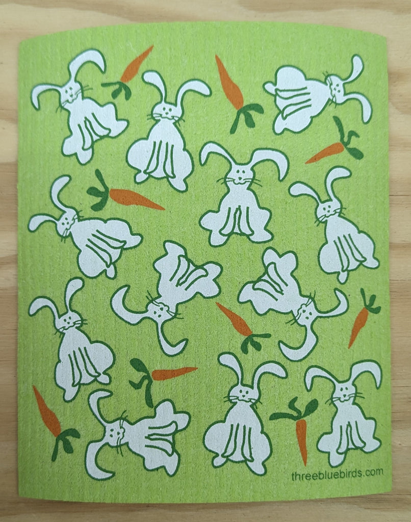 Earth Day Gift - Three Bluebirds Swedish Dishcloths - Bunnies on Green Swedish Dishcloth