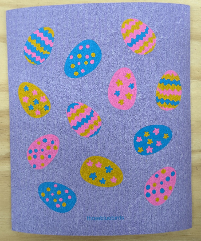 Three Bluebirds Swedish Dishcloths - Easter Eggs on Purple Swedish Dishcloth